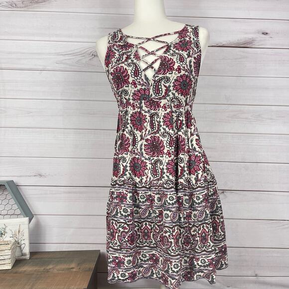 American Eagle Outfitters Dress Womens S‎ Multi Paisley Viscose Lace Up V Neck - Picture 4 of 10
